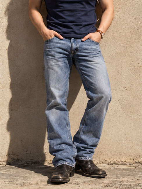 Referencia editorial: denim bootcut, camiseta azul marino y botas negras