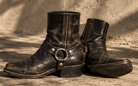 Referencia editorial de botas negras de cuero con arnés
